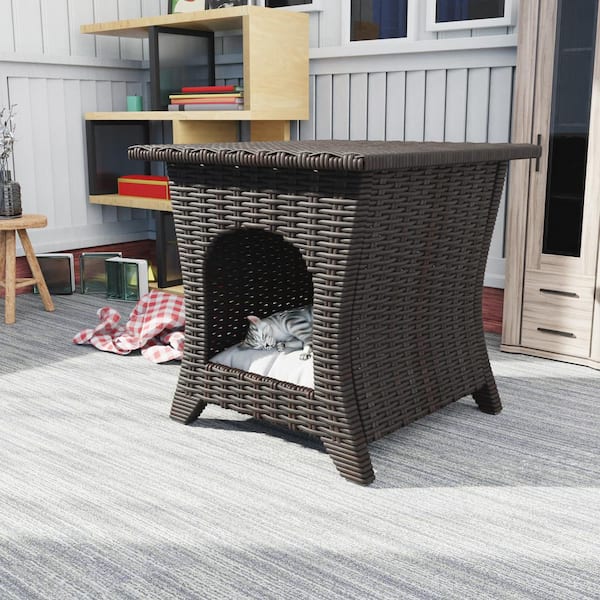 Brown Wicker Outdoor End Table Pet Side Table with Storage