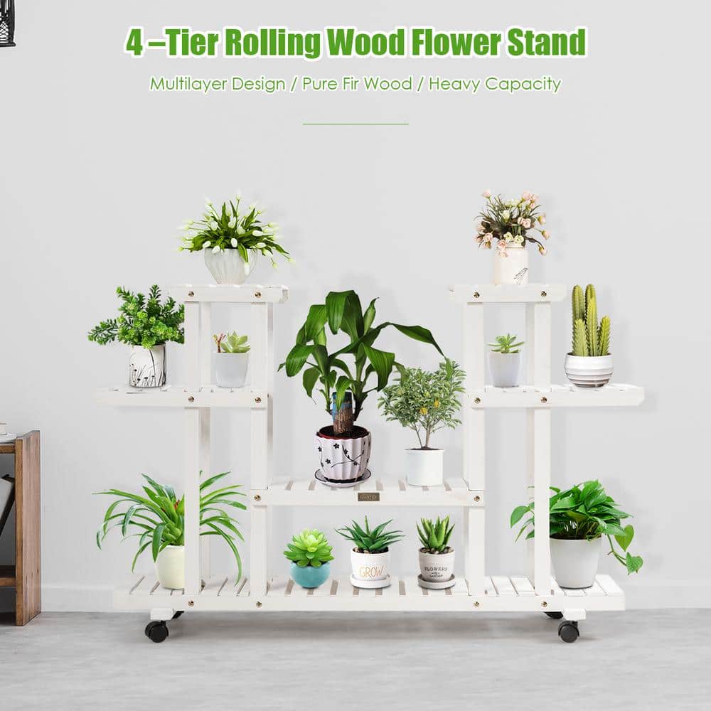 White 4-Tier Rolling Wood Plant Stand with Casters