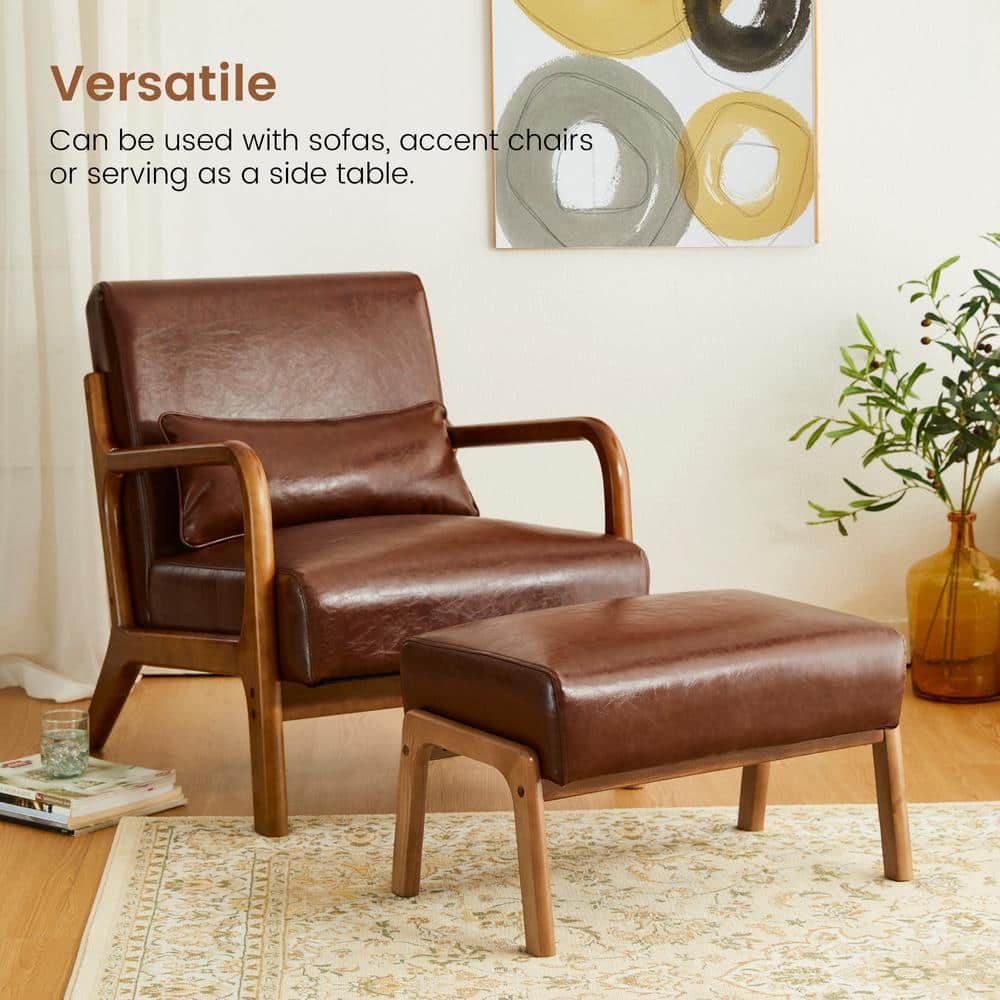 Mid-Century Brown Faux Leather and Rubberwood Accent Stools Set