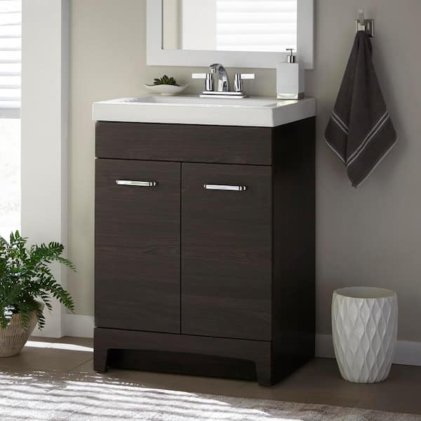 Glacier Bay Stancliff 25 in. W x 19 in. D x 34 in. H Single Sink Bath Vanity in Elm Ember with White Cultured Marble Top