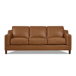 Bella 85 in. W Square Arm Genuine Leather Straight 3-Seater Lawson Sofa in Cognac Brown