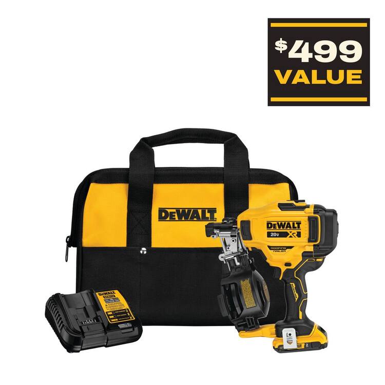 DEWALT 20V MAX Lithium-Ion 15-Degree Electric Cordless Roofing Nailer Kit with 2.0Ah Battery Charger and Bag