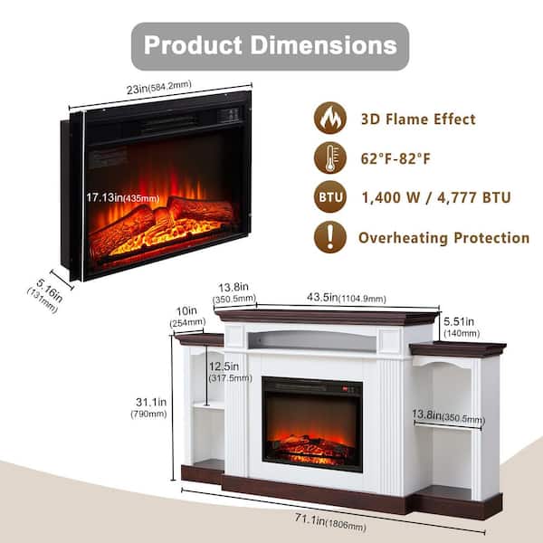 71.1 in. Freestanding Mantel Shelf 23 in. Electric Fireplace with LED Flame 3 Brightness Levels Timer Remote in White
