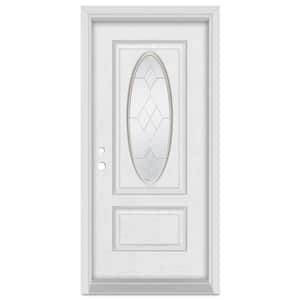 32 in. x 80 in. Geometric Right-Hand 3/4 Oval Zinc Finished Fiberglass Oak Woodgrain Prehung Front Door