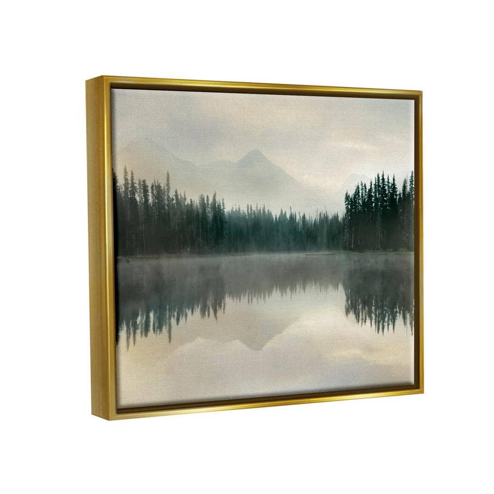 Foggy Lake Forest Landscape Green and Brown Framed Canvas Print, 21 x 17