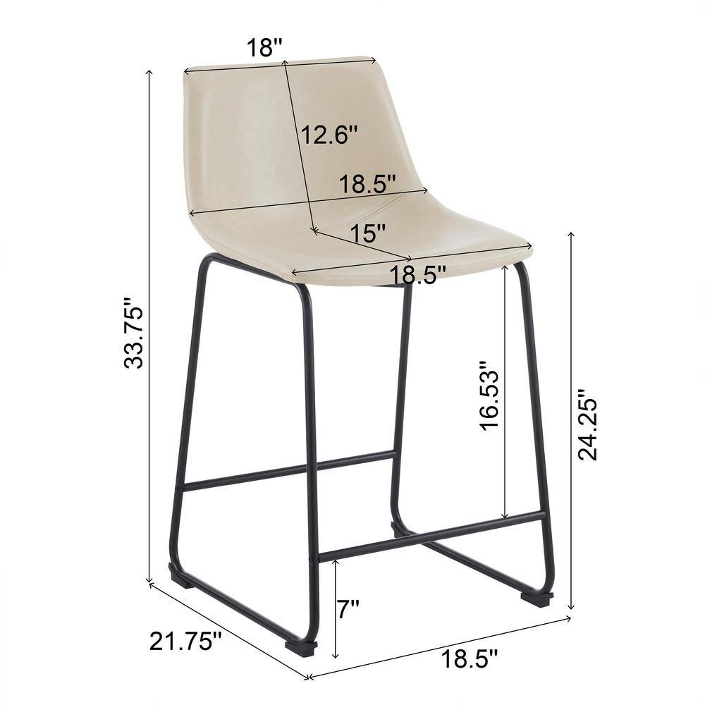 Cream Faux Leather and Black Steel Armless Counter Stools, Set of 2