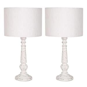 24.6 in. Resin Poly White Table Lamp Set with White Linen Fabric Shade and Cable (Set of 2)