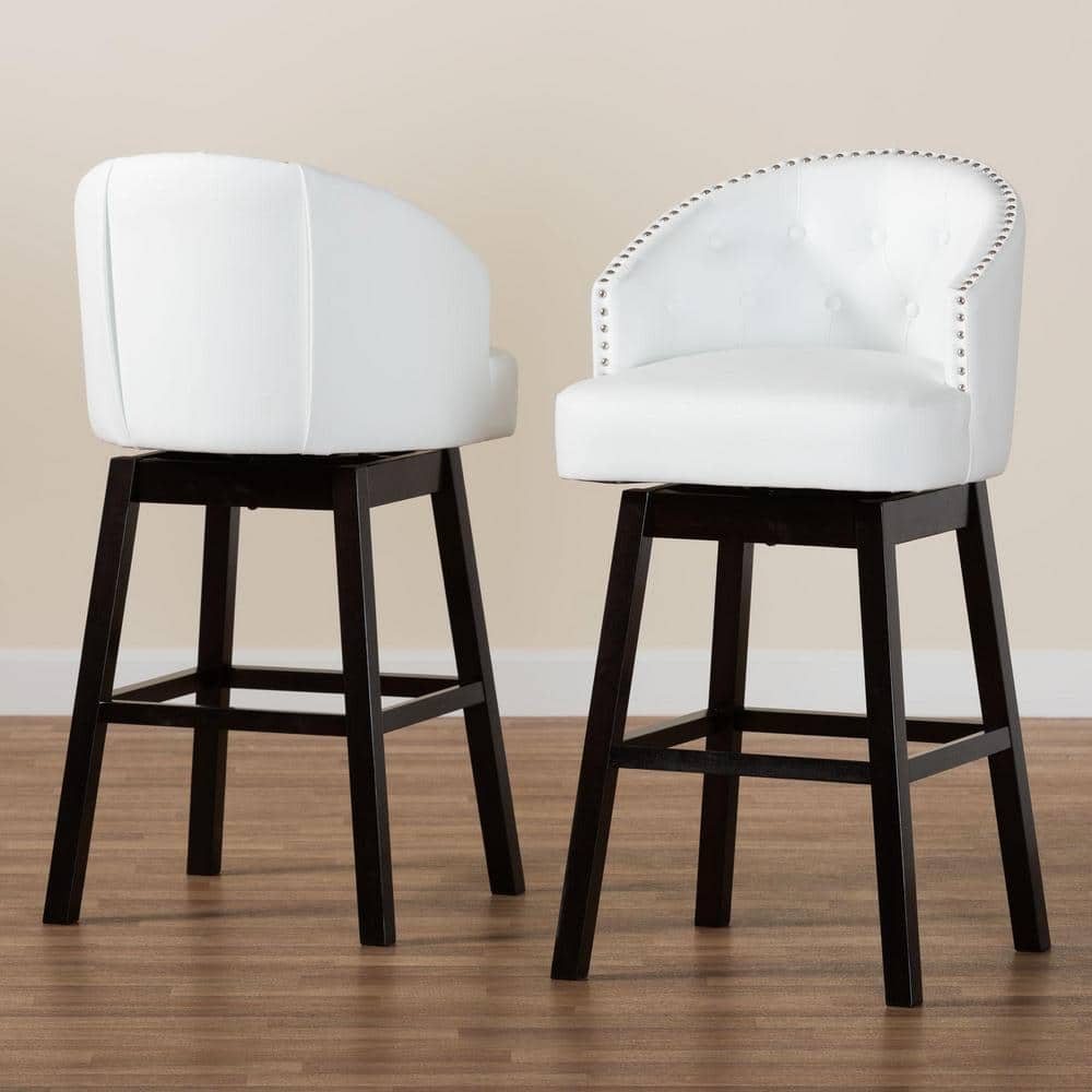 Set of 2 White Faux Leather Tufted Swivel Barstools with Nailhead Trim