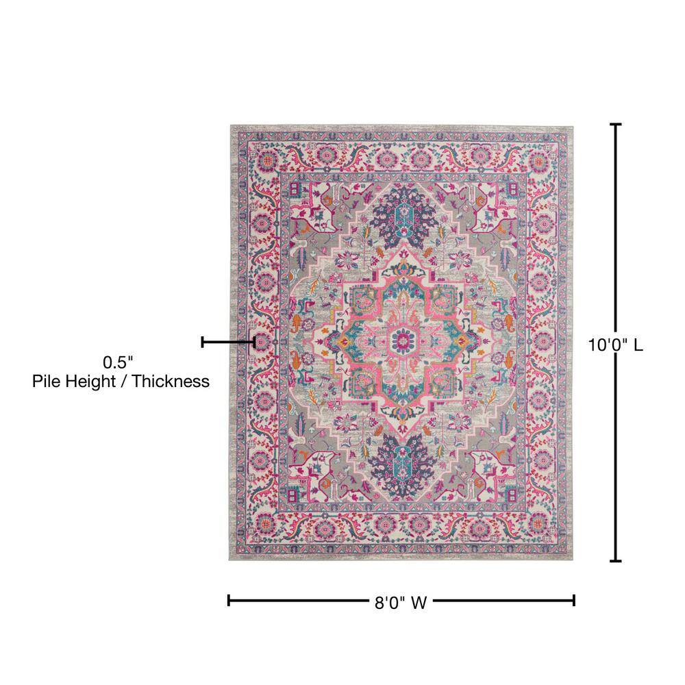 Light Grey and Pink Geometric Synthetic 8' x 10' Area Rug