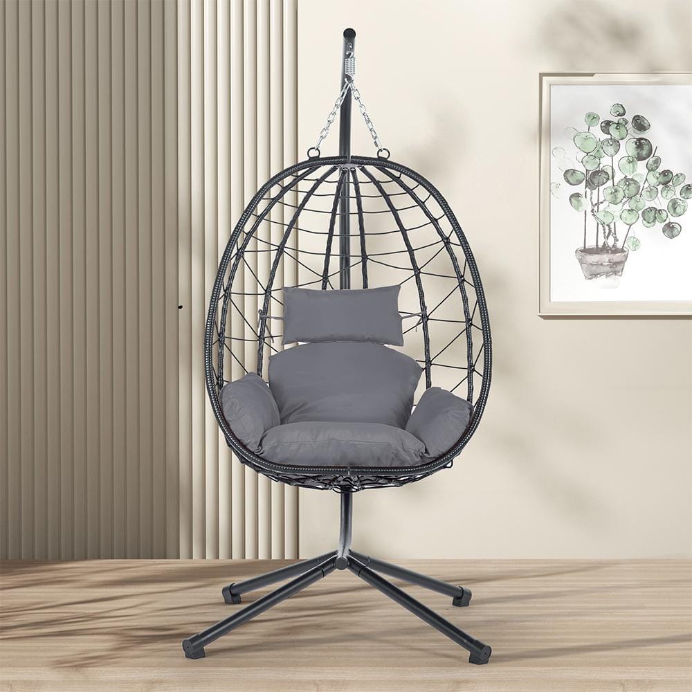 Modern Wicker Indoor and Outdoor Patio Swing Hanging Egg Chair with Dark Gr