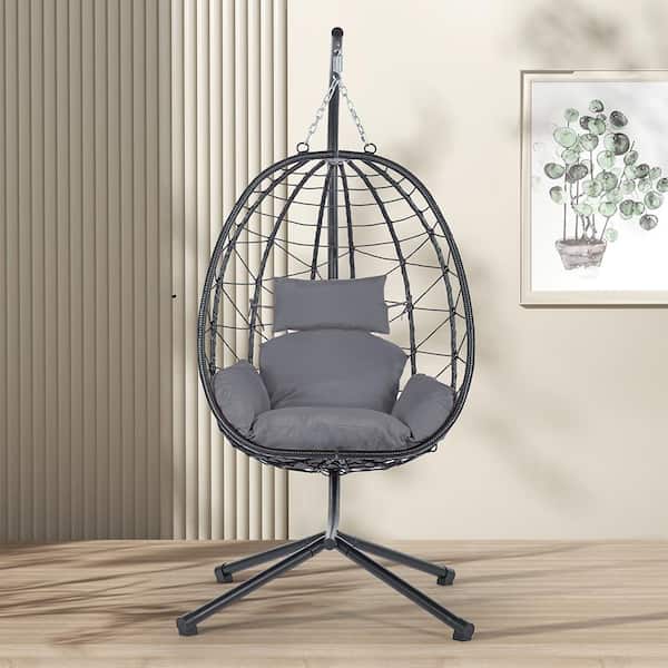 BTMWAY Modern Wicker Indoor and Outdoor Patio Swing Hanging Egg Chair with Dark Gray Cushion, Hammock Chair with Stand