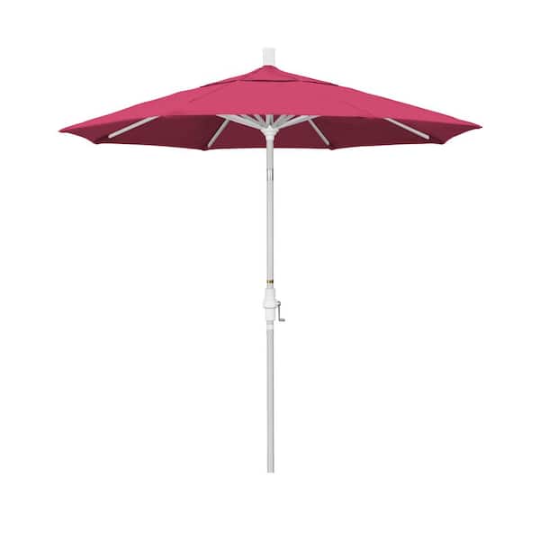 California Umbrella 7.5 ft. Matted White Aluminum Market Patio Umbrella Collar Tilt Crank Lift in Hot Pink Sunbrella