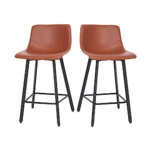25 in. Cognac LeatherSoft/Black Low Iron Bar Stool with Leather/Faux Leather Seat