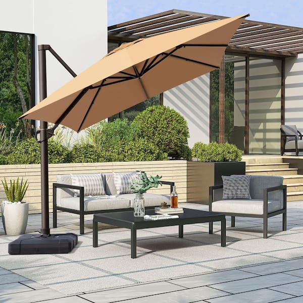Heavy-Duty 13. 5 ft. x 10 ft. Aluminum Cantilever 360° Rotation Patio Umbrella in Tan with 260 lbs. Stand Fillable Base