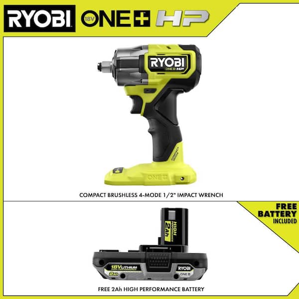 ONE+ HP 18V Brushless Cordless Compact 1/2 in 4 Mode Impact Wrench with FREE 2.0 Ah HIGH PERFORMANCE Battery