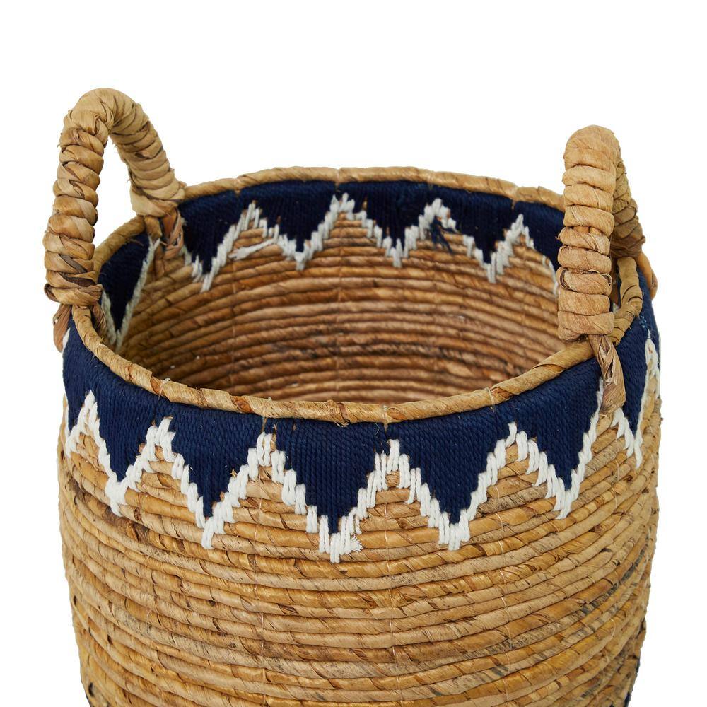 Natural Brown and Blue Wicker Round Storage Baskets with Handles