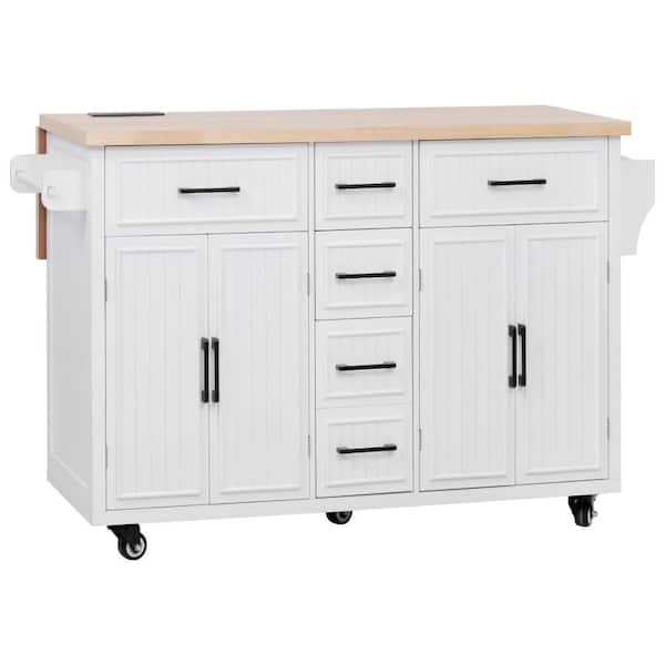 Unbranded 56.5 in. White 5-Drawer Cabinet Kitchen Island Cart with Drop Leaf, Power Outlet, Adjustable Shelves and Locking Wheels