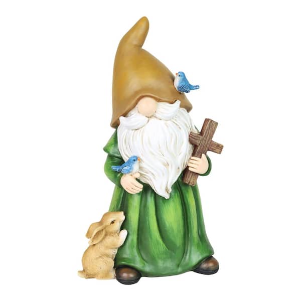 Exhart Monk with Cross and Woodland Creatures, 6 x 5 x 10.5 in. Gnome Garden Statue
