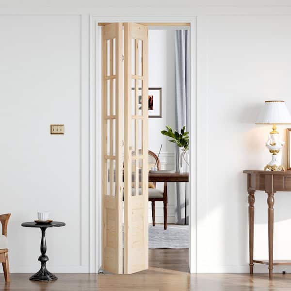 28 in. x 80 in. 3/4 Lite Preassembled Clear Glass Solid Core Wood Spruce Bi-Fold French Door with Hardware