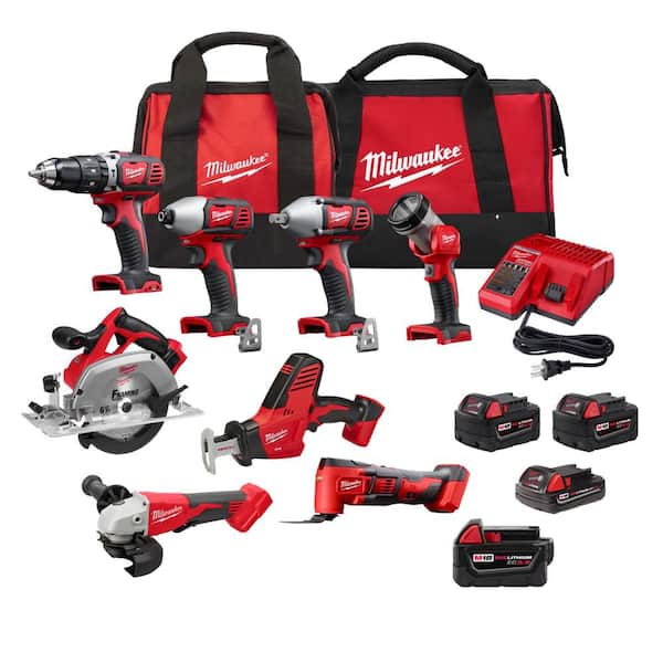 Milwaukee M18 18V Lithium-Ion Cordless Combo Kit (8-Tool) with (4) Batteries, Charger and (2) Tool Bags