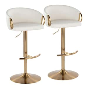 Claire 32.5 in. White Faux Leather and Gold Metal Adjustable Bar Stool with Rounded T Footrest (Set of 2)