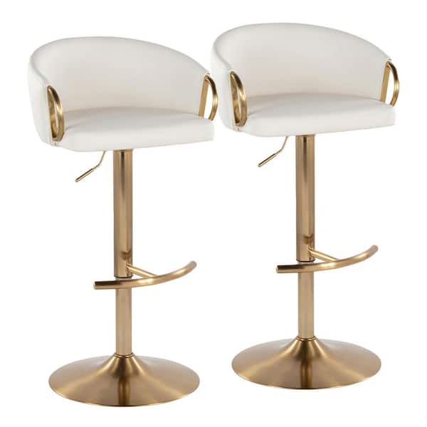 LumiSource Claire 32.5 in. White Faux Leather and Gold Metal Adjustable Bar Stool with Rounded T Footrest (Set of 2)