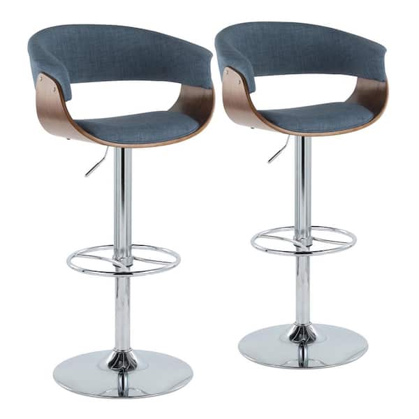 Lumisource Vintage Mod 32 in. Blue Fabric, Walnut Wood and Chrome Metal Adjustable Bar Stool with Wheel Footrest (Set of 2)