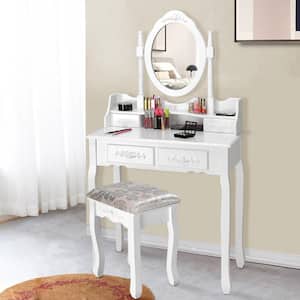 2-Piece White Vanity Wood Makeup Dressing Table Stool Set Jewelry Desk with 4-Drawer and Mirror