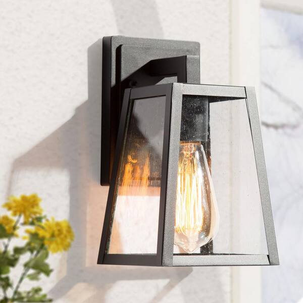 LNC Modern Matte Black 1-Light Lantern Outdoor Sconce Industrial Linear Outdoor Wall Light with Seeded Glass Shade
