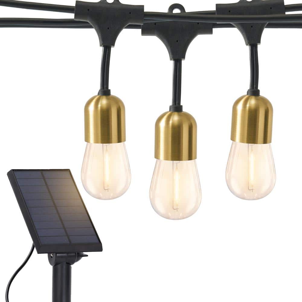 Solar Powered Brass LED Outdoor String Lights with Clear Bulbs