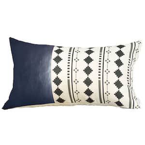 Navy Blue Boho Handcrafted Vegan Faux Leather Lumbar Abstract Geometric 12 in. x 20 in. Throw Pillow Cover