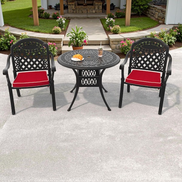 Isabella Black 3-Piece Cast Aluminum Outdoor Dining Set with Round Table and Dining Chairs and Random Color Seat Cushion