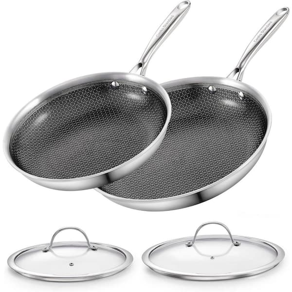 2-Piece 10 and 12 in. Multi-Ply Clad Stainless Steel Hybrid Nonstick Frying Pan Set, Skillet with Tempered Glass Lids