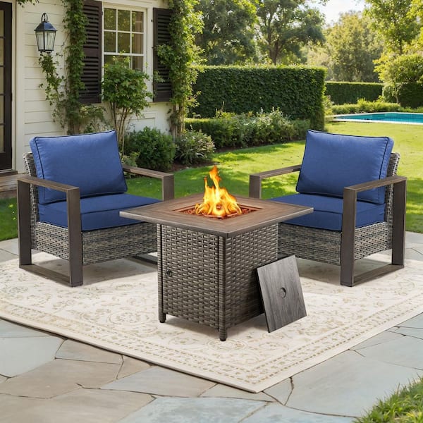 FanKan Gray 3-Piece Wicker Outdoor Glider Chair Patio Deep Seating with Rectangular Fire Table and Blue Cushions