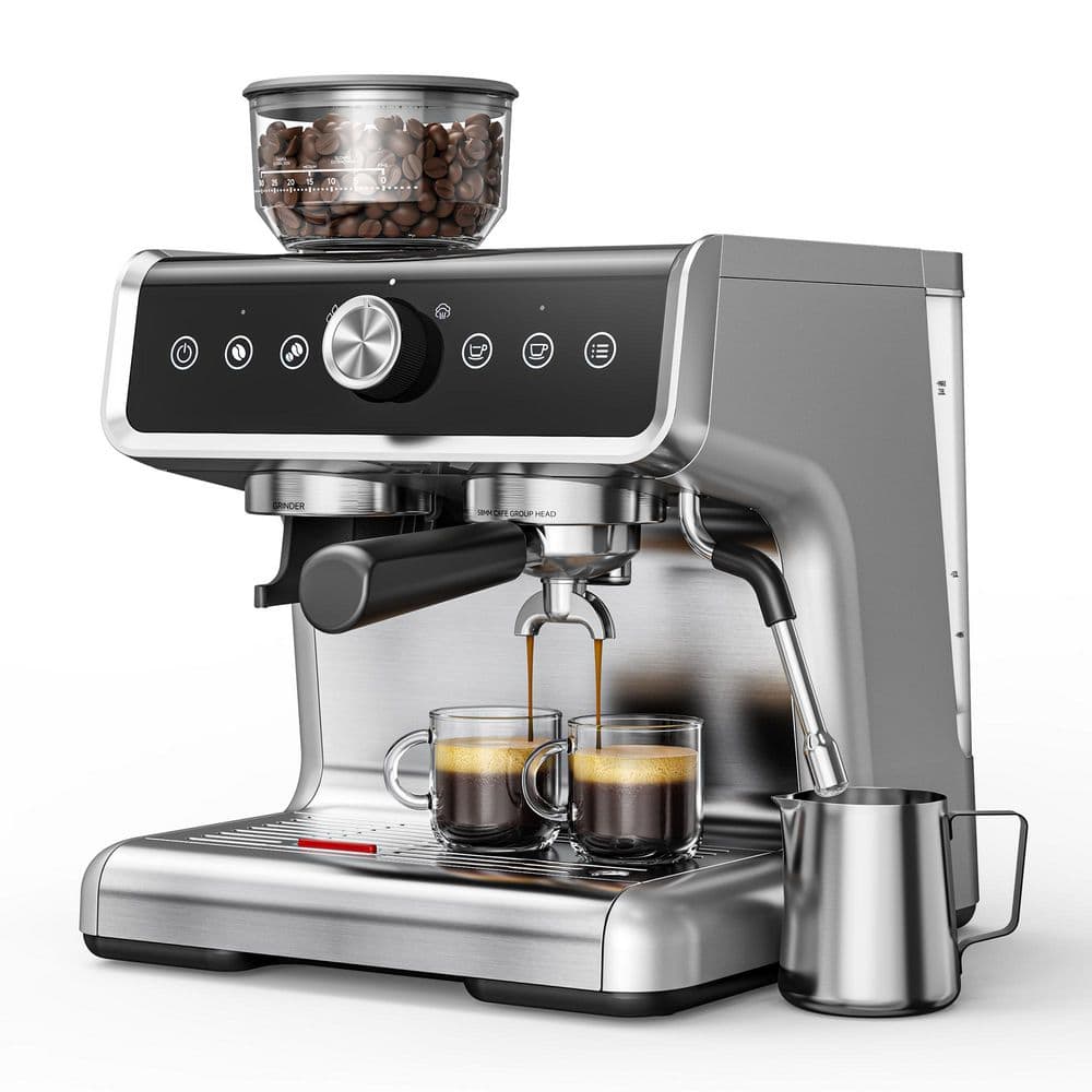 SIMZLIFE 2-Cup Silver Espresso Machine with 30 Adjustable Burr