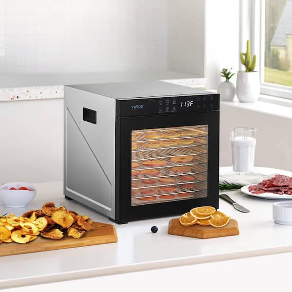 10-Tray Food Dehydrator, 1000W Electric Dryer in Silver with Adjustable Temp, 24-Hr Timer for Jerky, Fruits, Veggies