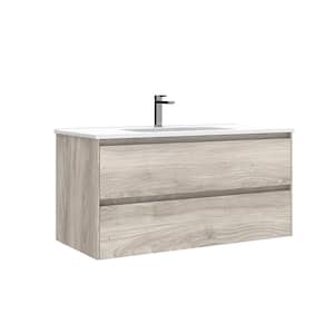 Perla 40 in. W x 18.1 in. D x 19.5 in. H Single Sink Wall Mounted Bath Vanity in Grey Pine with White Ceramic Top