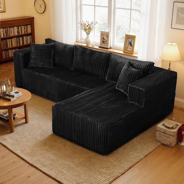 105.11 in. Wide Square Arm 2-Piece Modern Corduroy Fabric L-Shape Modular Sectional Sofa in Black with Chaise