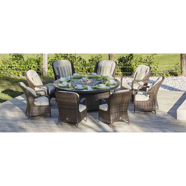 Turnbury Large 70.8 in. Propane Round Brown Wicker Gas Fire Pit Table with Tempered Glass Surround