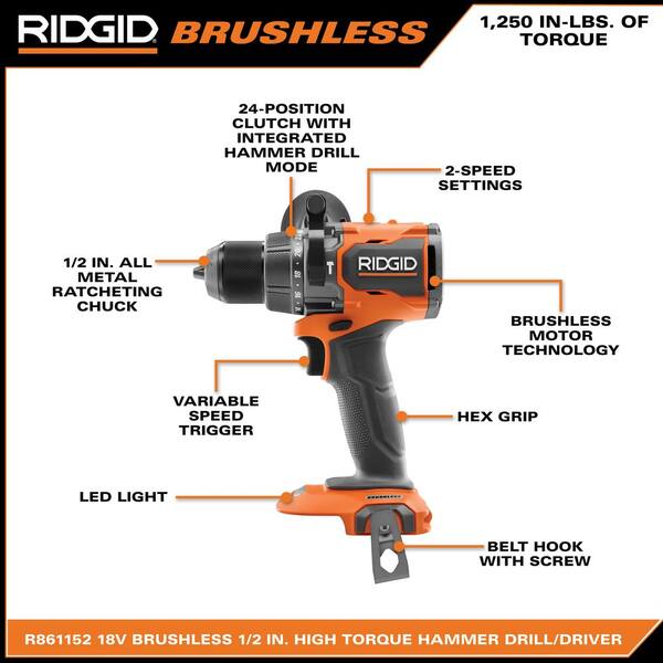 RIDGID R861152B-AC93044SBN 18V Brushless Cordless 1/2 In. High Torque ...