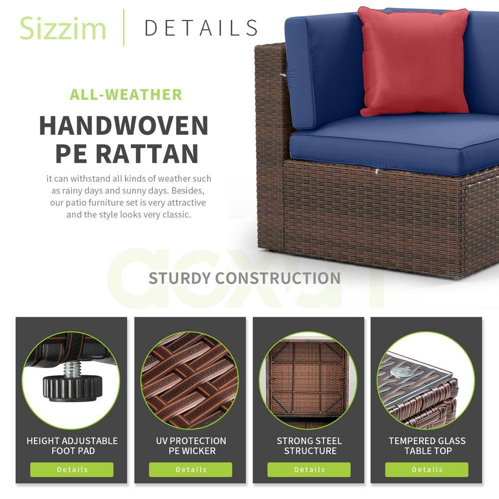 Brown Wicker 5-Piece Patio Set with Blue Cushions and Fire Pit