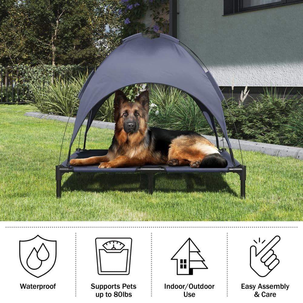 Large Navy Blue Elevated Outdoor Waterproof Dog Bed with Canopy