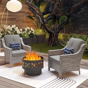 Eureka Gray 3-piece Wicker Outdoor Patio Conversation Chair Set with a Wood-Burning Fire Pit and Dark Grey Cushions
