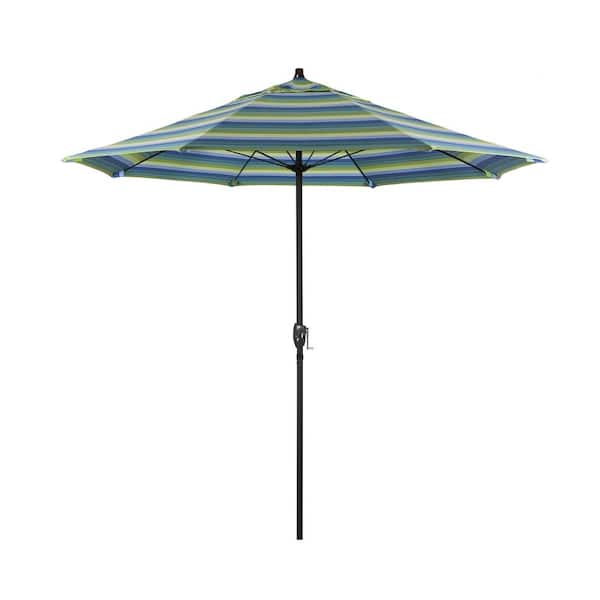 California Umbrella 7.5 ft. Black Aluminum Market Patio Umbrella Fiberglass Ribs and Auto Tilt in Seville Seaside Sunbrella