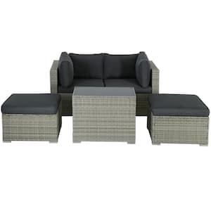 5-Piece Gray Wicker Outdoor Sectional Set, Rattan Outdoor Patio Set with Gray Cushions, Ottoman and Tea Table