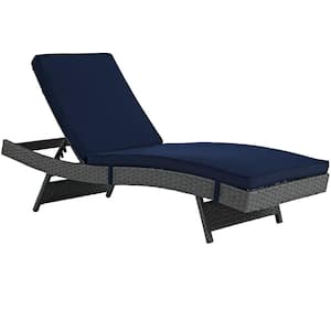Sojourn Wicker Outdoor Patio Chaise Lounge with Sunbrella Canvas Navy Cushions
