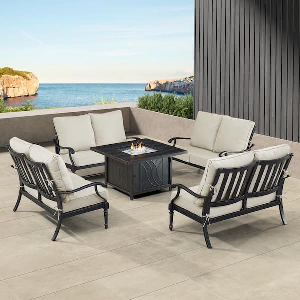 Black 5-Piece Aluminum Patio Fire Pit Set with Light Grey Cushions