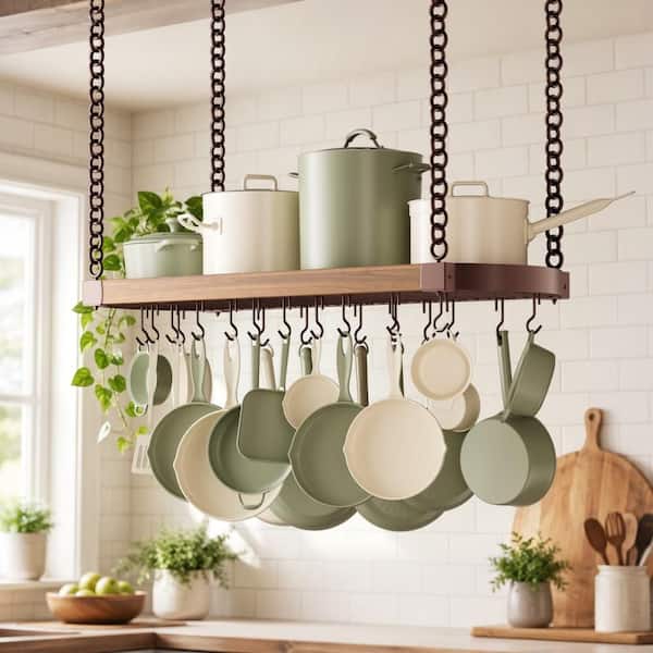 Oiled Bronze 18 in. x 48 in. Wooden Ceiling Hanging Pot Rack, 20 Hooks, 130 lb. Capacity