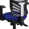 Close-up of the backrest and adjustment knob of a blue task chair
