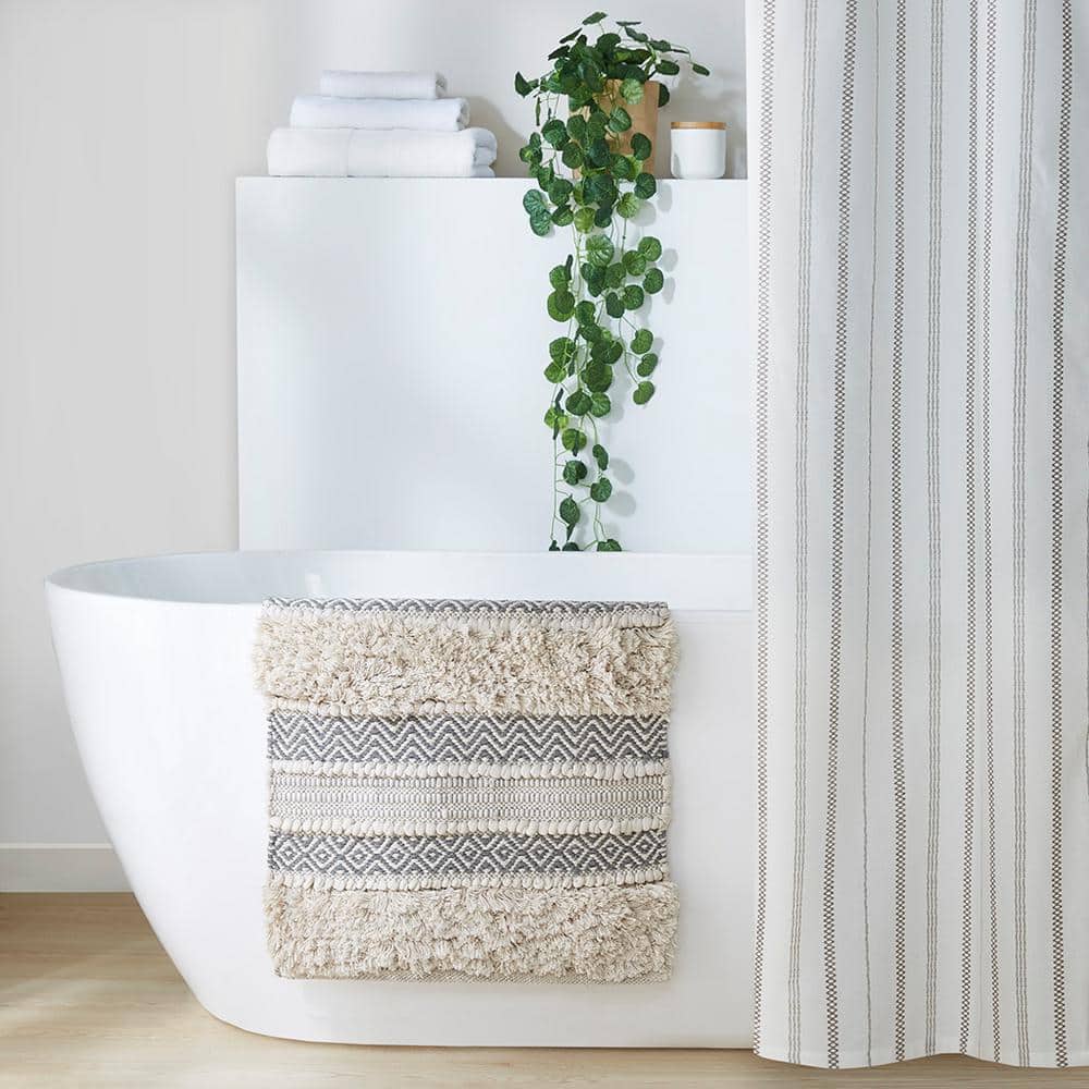 Nordic Shaggy Grey and Beige Patterned Bathroom Rug
